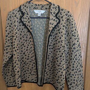 Ming Wang Open Front Knit Collared Leopard Print Cardigan Jacket-M